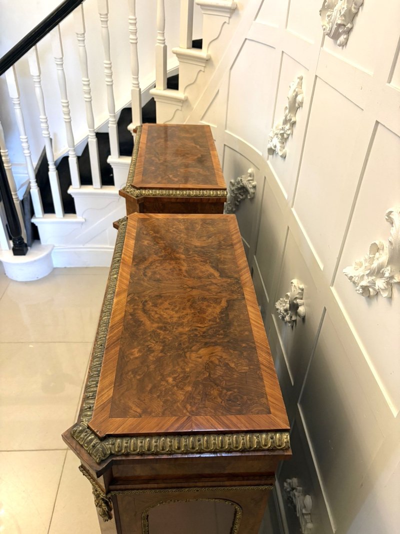 Antique Exceptional Pair of Victorian Burr Walnut Pier Cabinets with Ormolu Mounts - Image 12